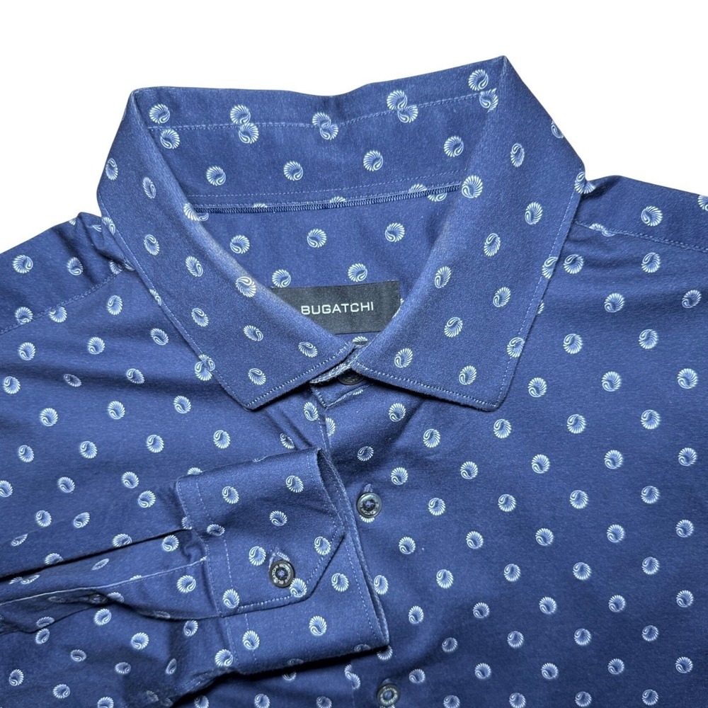 Bugatchi 8 Way Stretch Long Sleeve Button Up Shirt Mens Large Navy Blue